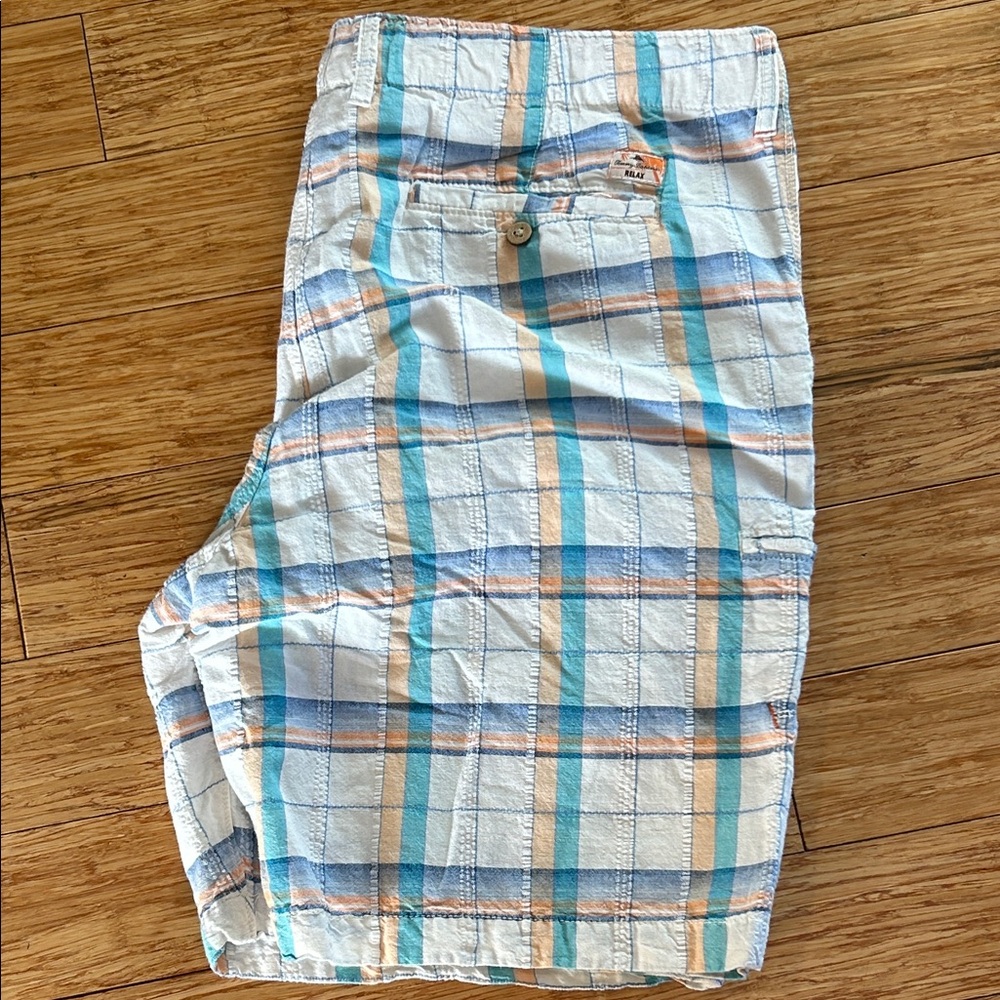 Tommy Bahama Relax Blue Peach & Real Preppy Normcore Linen Blend Plaid Shorts 42